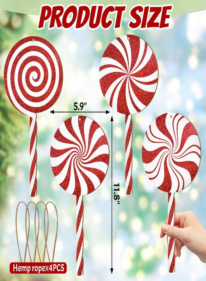 COCHIE 4Pcs Double-Sided Glitter Christmas Wood Candy Ornaments, 12" Large Lollipop Candy Ornaments Xmas Tree Candy Cane Hanging Ornament, Wooden Red Christmas Tree Decorations Peppermint Xmas Decor - Image 2